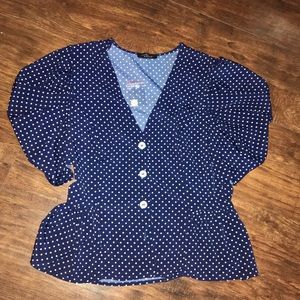 Blue and white polka dot blouse